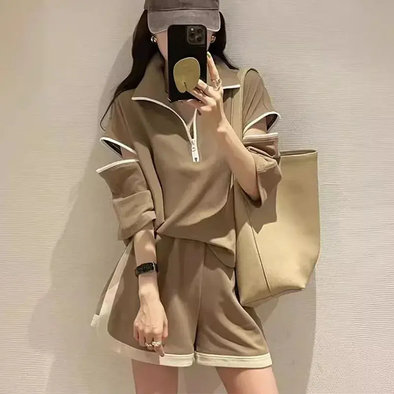 Women Summer Two Pieces Sets Half Zipper T-shirts+Wide Leg Shorts