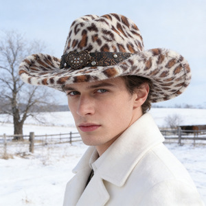 Sombrero Vaquero de Felpa con Estampado de Leopardo ZhenXi, Hebilla en Forma de Corazón, Accesorio de Moda para Mujeres y Hombres, Otoño-Invierno, Tallas M56-58cm - Product Image 3