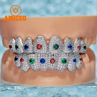 Grilles dentaires Hip Hop sur mesure en argent 925 avec pierres précieuses colorées, diamants VVS et moissanite pour hommes (8 dents supérieures, 8 dents inférieures)