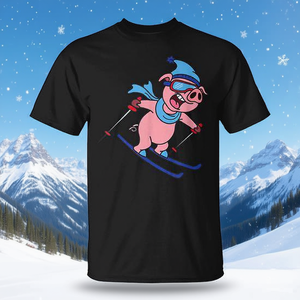 T-shirt promotionnel avec motif cochon faisant du ski pour les vacances d'hiver - Product Image 3