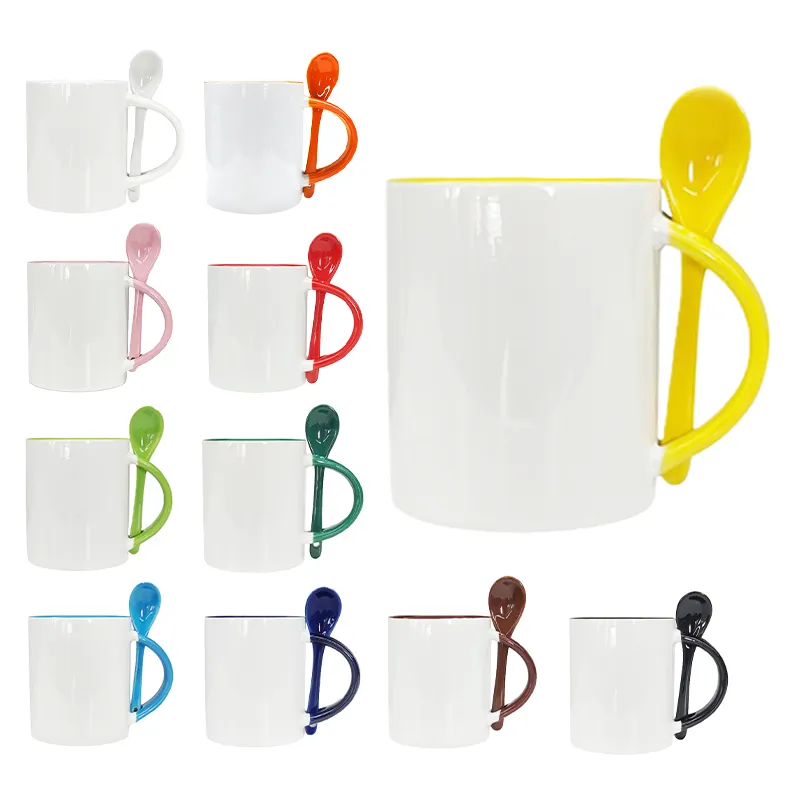 Hamning màu sắc bên trong thăng hoa Mugs với muỗng thăng hoa khoảng trống bán buôn với giá tốt đẹp gốm cốc trà cà phê