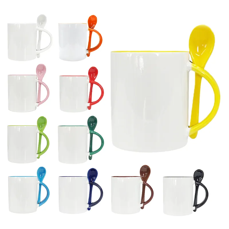 Tasses de sublimation de couleur intérieure Hamning avec des blancs de sublimation de cuillère en gros avec des tasses de thé de café en céramique de bon prix