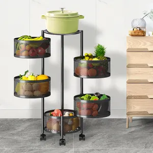 Organizador de almacenamiento de alambre de Metal para cocina, cestas giratorias de 2/3/4/5 niveles apilables para fruta y verdura con ruedas rodantes