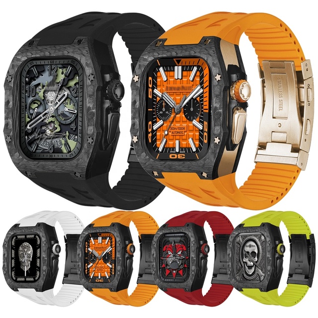 Eraysun Luxury Modification Carbon Fiber Ring Bottom + Titanium case + Fluororubber Watch Band for Apple Watch Ultra 49mm