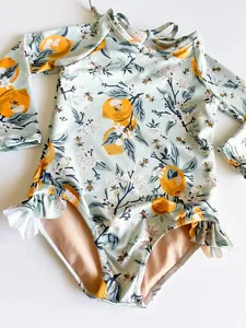 Pakaian Renang Anak Bayi Perempuan, Gambar Bunga, Lengan Panjang, Pelindung Ruam