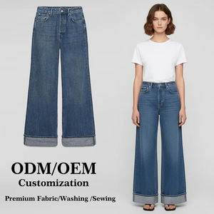 Jeans da donna alla moda Primavera/Autunno 2026, casual, lavabili, a gamba larga, stile <span class=keywords><strong>boyfriend</strong></span>, a vita media, in denim con orlo arrotolato - Product Image 1