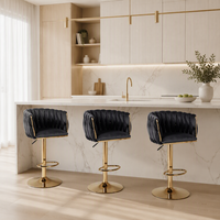 Tabouret de bar en velours noir capitonné, pivotant, hauteur réglable, avec base en métal doré pour îlot de cuisine, bar ou pub