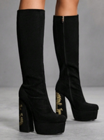 Bottes hautes en faux daim noir avec broderie de dragon, talons hauts épais, plateforme, nouveau style chinois, chaussures de soirée pour femmes