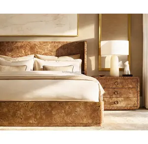 Modern Burl Wood Veneer Bedroom Sets Furniture Wooden King Size Bed Frame Platform Bed