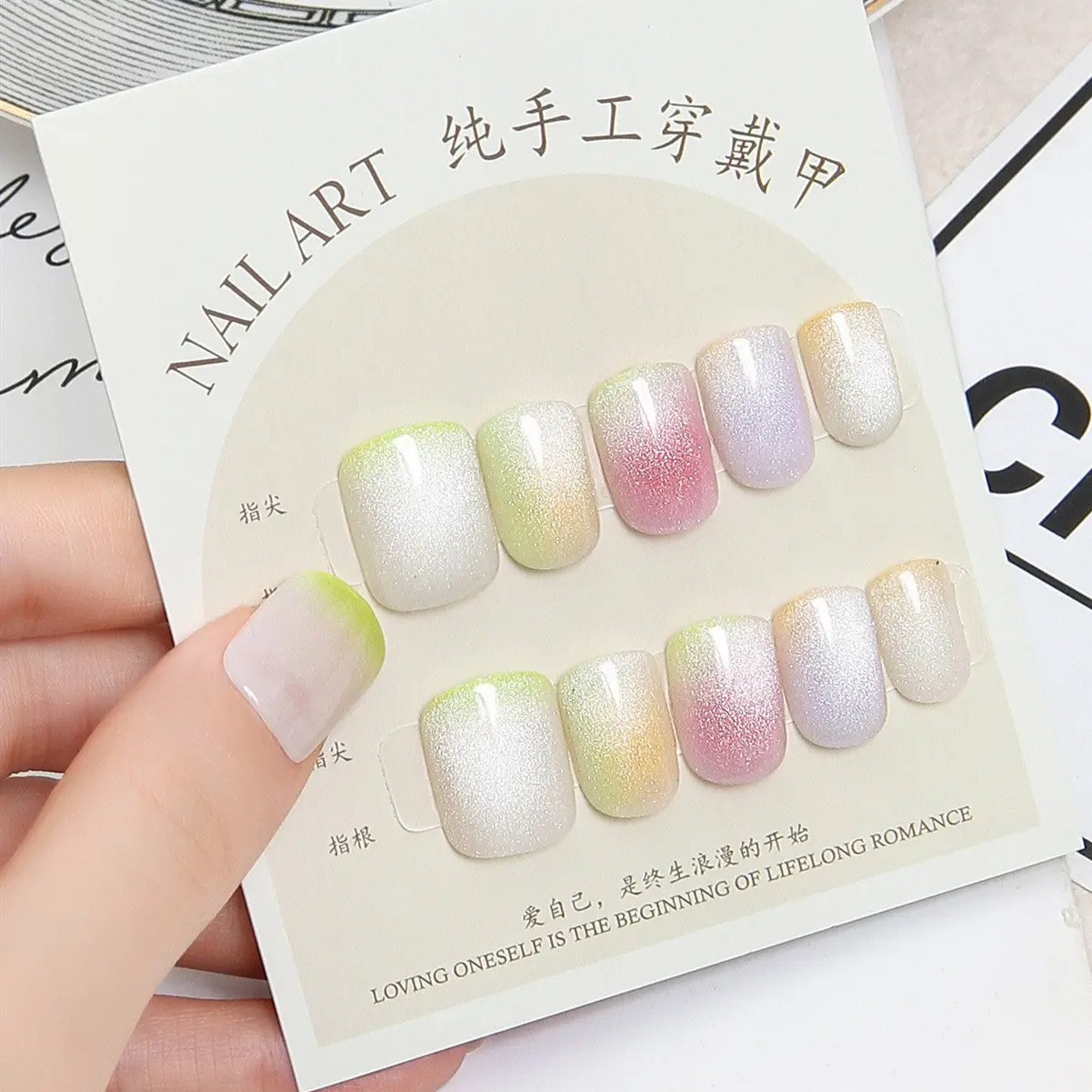 Handgemaakte 10 Stuks Cat Eye Press Op Nagel Tips Glanzende Cat Eye Korte Vierkante Kist Ballerina Kunstnagels Met De Sticker