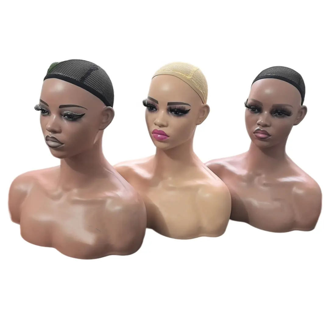 Realistic Make Up Face stand plastic Wig display African Female Bust Sitting PP mannequin head With Shoulder