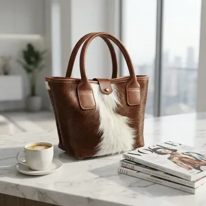 Sac fourre-tout élégant pour femme en cuir véritable, motif bicolore en cuir de vachette à poils, fermeture éclair, double poignée, usage quotidien, polyester - Product Image 5