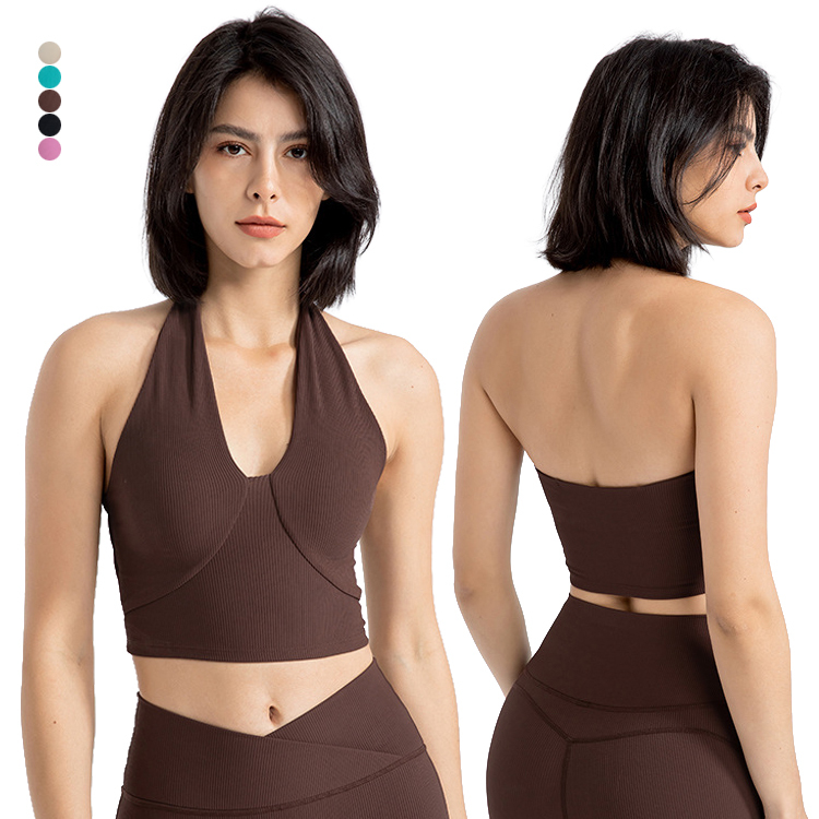 Women Plus Size Yoga Tank Top Deep V Neck Ribbed Breathable High Support Halter Sports Bra Backless Sweat-Wicking Four-Way