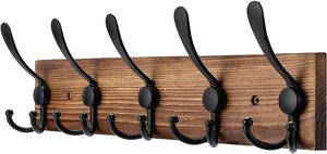 Porte-manteau mural porte-chapeau en bois pour crochets muraux cintre en bois de pin avec 5 crochets triples pour accrocher manteau chapeau veste - Product Image 2