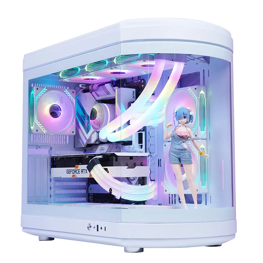 ANNEW 2024 New Design Tempered-Glass Curved Window Case White Computer Chassis for PC