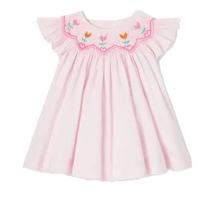 Hand Made Embroidery Dress Wholesale OEM Children Clothing Baby Girl Smock Kids Ruffle Clothing Cotton Smocked Dress