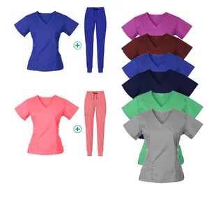 로고 맞춤형 편리한 간호사 유니폼 세트 확대 포켓 주름 방지 병원 유니폼 세트 여성용 의료 스크럽 슈트