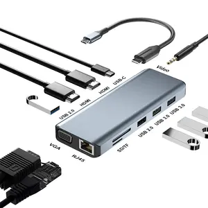 USB C dapat dilepas 12 in 1 dengan HDMI 4K30Hz USB 3.0 5Gbps pembaca kartu SD TF Tipe C PD 100W RJ 45 VGA 1080P untuk PC