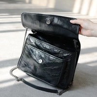 Sac bandoulière pour femme en cuir véritable avec doublure, finition vintage huilée et cirée, sac à chaîne
