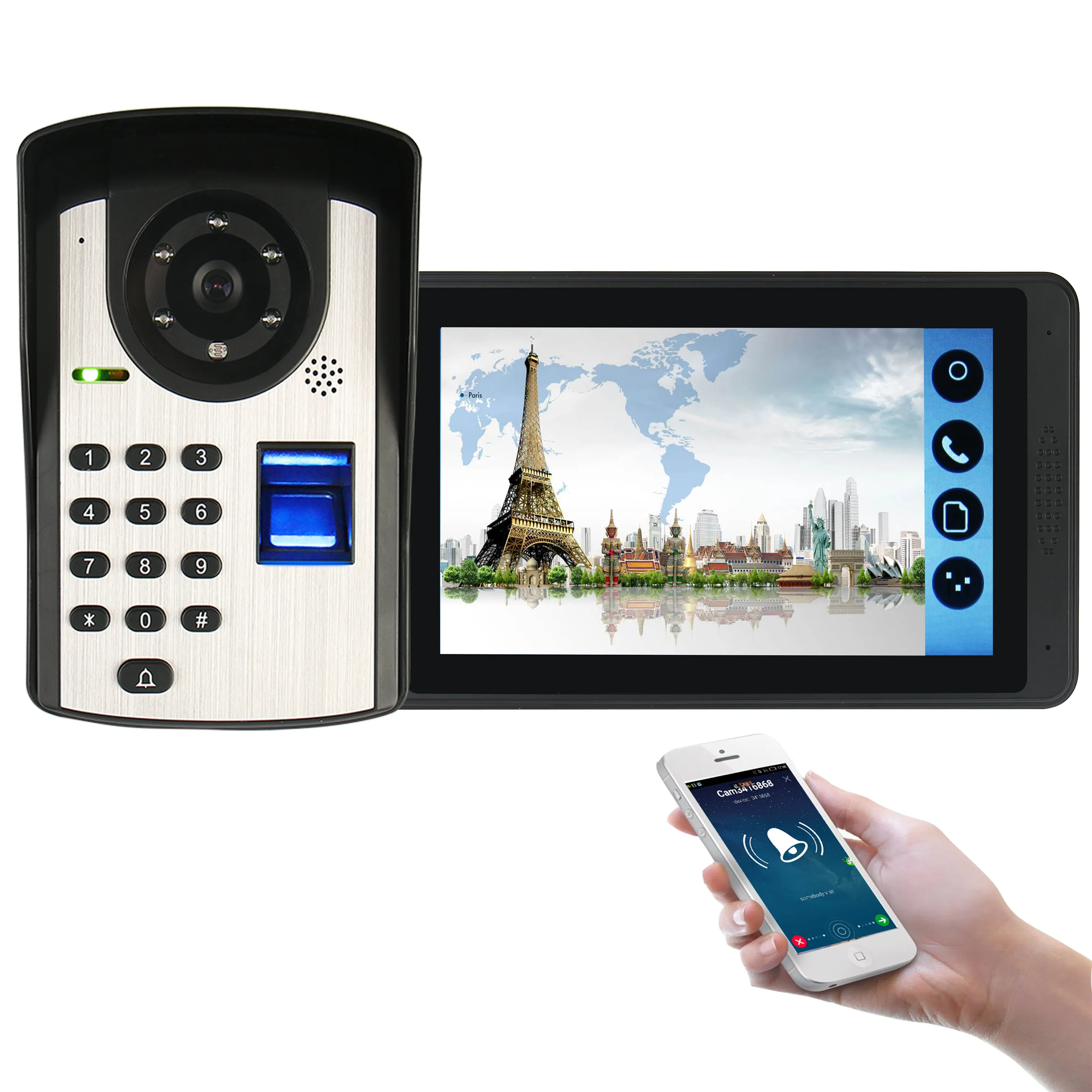 Смарт-домофон с дистанционным управлением через приложение/отпечатком пальца/кодами/разблокировкой/видеозвонок, водонепроницаемая наружная камера, внутренний ЖК-монитор