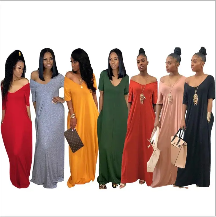 C8199 Ladies Solid color off shoulder Rib Knit Women's clothing Maxi Summer Dress 2023