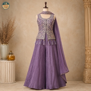 Lavender Embroidered Palazzo Suit Set with Designer <b>Jacket</b> and Dupatta <b>Women</b> Party Wear <b>Wedding</b> Festive Outfit - Product Image 1
