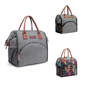 Benutzer definiertes Logo im Freien wasserdicht grau gewachste Leinwand tragbare Leder Reiß verschluss Kid School Tote Lunch Cooler Bag