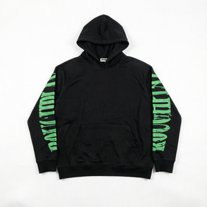 Sudadera con capucha negra al por mayor con estampado gráfico de invierno, manga verde, corte regular, estilo urbano, jersey con capucha personalizado - Product Image 1