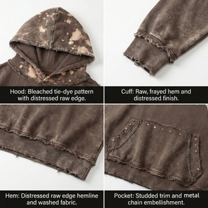 Sudadera con capucha de algodón 100% de gran gramaje con logo personalizado, lavado ácido, estilo vintage desgastado, informal deportiva, oversize para hombre, proveedor líder. - Product Image 2