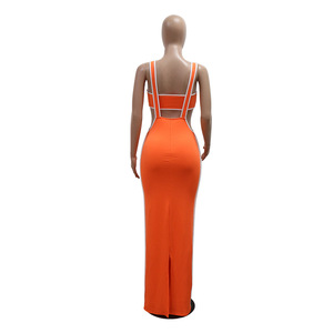 <b>Sexy</b> Spaghetti Straps Long Dress Breastplug Solid Color Casual Two-piece <b>Set</b> for Women Fashion - Product Image 4