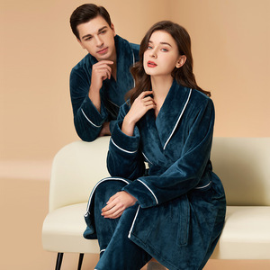 Set Pigiama con Accappatoio in Flanella Foderato in <span class=keywords><strong>Pile</strong></span> per <span class=keywords><strong>Uomo</strong></span> e Donna, Collo a V, Ispessito e Caldo per Primavera e Autunno - Product Image 2