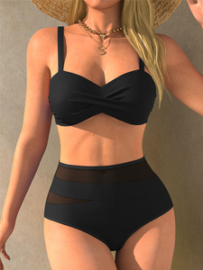 Conjuntos de bikini de malla de talla grande para mujer, traje de baño de dos piezas de cintura <span class=keywords><strong>alta</strong></span> con fruncido, cuello en V, parte delantera cruzada y tirantes ajustables - Product Image 2
