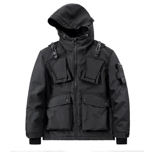 OEM erkek Techwear kargo ceket çok cep kapşonlu ceket ceket erkek fonksiyonu rüzgarlık siyah