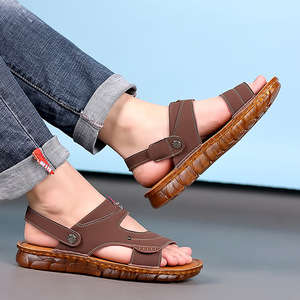 Men's Solid Genuine Leather <b>Flat</b> <b>Sandals</b> Open Toe Anti-Slippery Rubber Outsole Casual Outdoor Shoes Size 40-45 - Product Image 2
