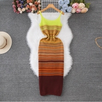 Robe pull tricotée sans manches à rayures dégradées style rétro français, coupe ajustée à la taille, transfrontalière