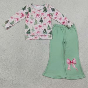 Conjunto a juego para niñas con temática de Halloween, top de manga larga con estampado de calaveras y lazo en toda la prenda, pantalones acampanados decorados - Product Image 2