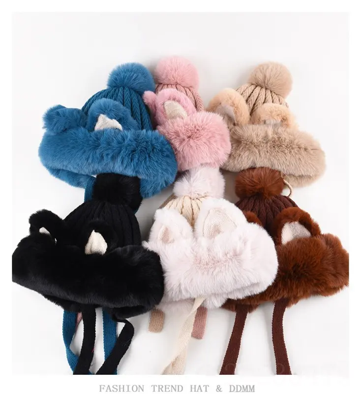 Sweet and cute hat female autumn and winter warm fox cat ear protection hats thickened plush knitted wool cap