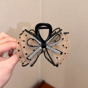 Mesh <b>bow</b> hair <b>clip</b>, polka dot black, high-end women's new half-up hair <b>clip</b>, elegant chain shark <b>clip</b> - Product Image 3