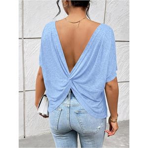 T-shirt femme FOXA dos nu à nœud torsadé, coupe oversize, couleur unie, manches courtes, épaules tombantes, haut décontracté en tissu jersey respirant - Product Image 5