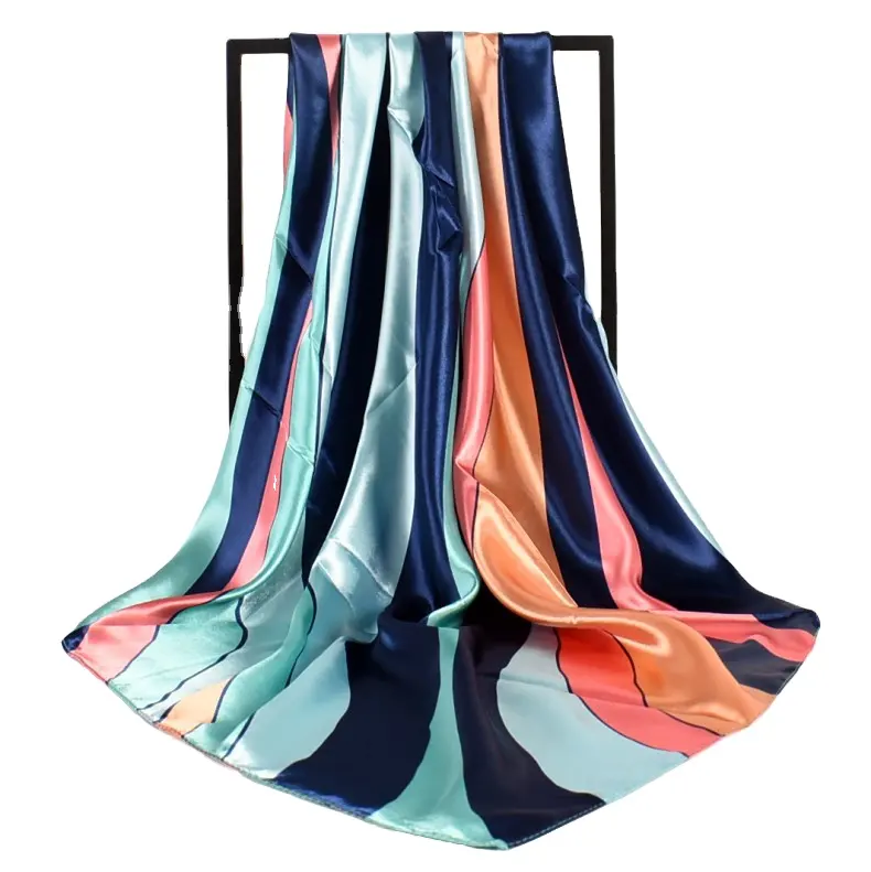 Low MOQ spring and Autumn Wavy stripe printing young girl oriental vietnam shawl scarf turkish muslim silk satin hijab