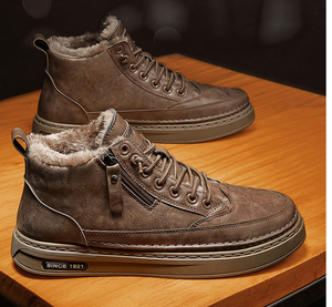 Men Autumn Winter Boots Lightweight <strong>Black</strong> PU Leather Sneakers Lace-up Zipper Flat <strong>Platform</strong> Walking Shoes - Product Image 1