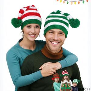 Chapeaux de Noël pour hommes personnalisés tricotés à rayures Chapeau de Père Noël en peluche rouge classique avec <span class=keywords><strong>pompon</strong></span> à bordure blanche pour la fête de Noël - Product Image 5