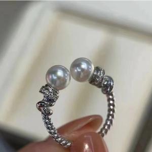 Bague en argent sterling de style médiéval à double perles torsadées, perles d'eau douce fortes et brillantes de 5 à 6 mm, presque parfaites - Product Image 2