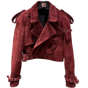 Burgundy Cow <b>Suede</b> Moto <b>Jacket</b> Women's Short Turn-down Collar Full Sleeve Belted Biker Style Autumn Wear Wholesale Custom Print - Product Image 1