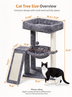 Arbre à chat multi-niveaux de 25,6 pouces en peluche grise avec poteau à gratter en sisal, hamac, lit et condo pour chat, meuble d'intérieur pour chat, fournitures pour animaux de compagnie