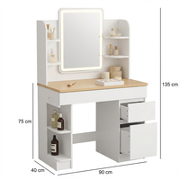 Coiffeuse compacte en panneau de bois avec éclairage LED, miroir réglable, rangement et prise de courant dissimulée – Idéale pour chambre et salon moderne