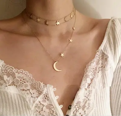 Chic Star Moon Choker สร้อยคอสแตนเลสสตีลสีทองเครื่องประดับอินเทรนด์