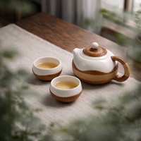 Set Teh Kung Fu Gaya Cina dengan Tekstur Anyaman Bambu, Porselen Putih Buatan Tangan, Cangkir Teh dan Teko Kapasitas 200ml dengan Tutup.