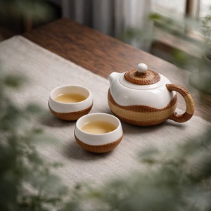 Service à thé Kung Fu en porcelaine blanche tressée de <span class=keywords><strong>bambou</strong></span>, fait main, style chinois, avec théière et tasses de 200 ml, couvercle inclus - Product Image 1