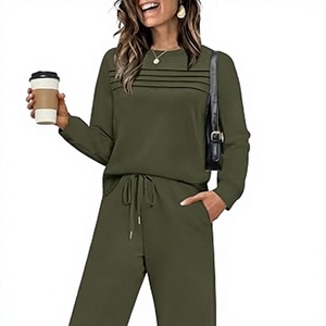 Conjunto de Salón de Dos Piezas para Mujer de Punto Acanalado de Spandex/Algodón: Top de Manga Larga con Cuello Redondo y Pantalones de Pierna Ancha, Color Sólido, Ligero - Product Image 1